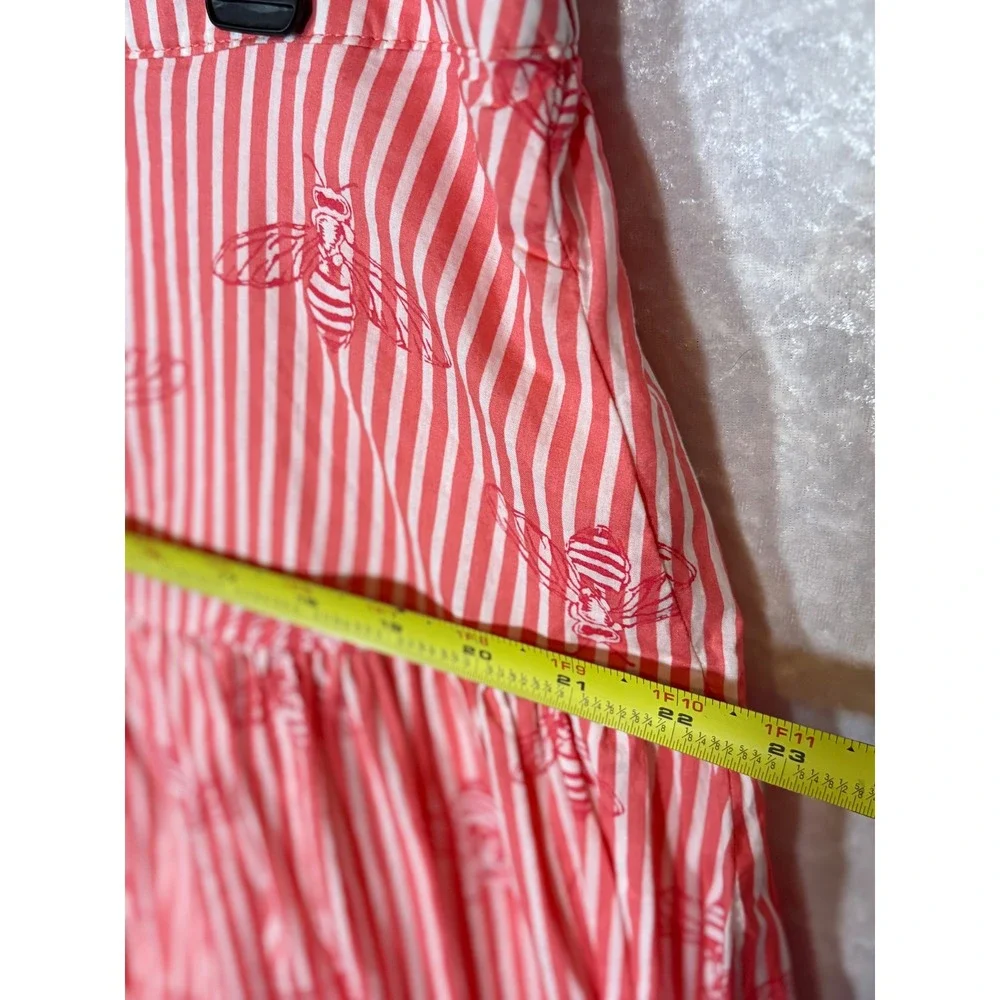 Red‎ White Striped Bee Print Button Front Tiered Midi Skirt Womens